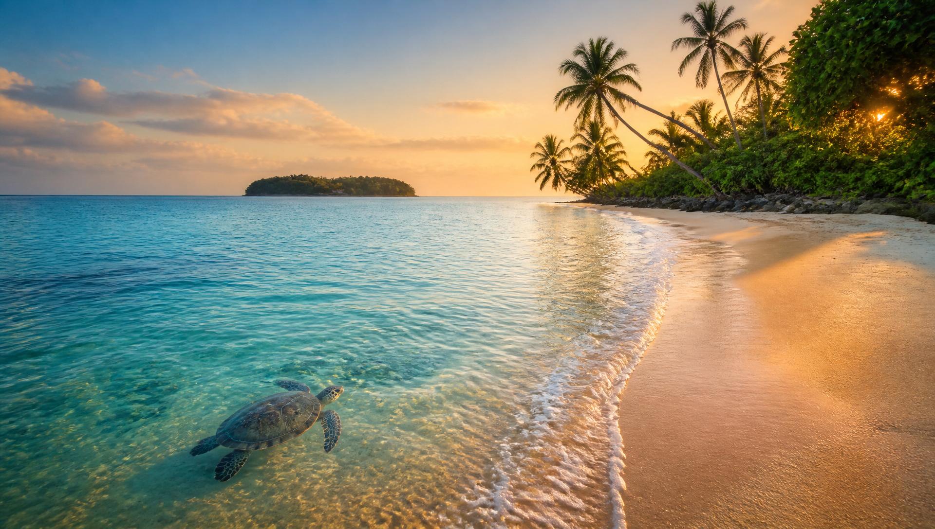 Golden sunset over a palm-fringed Sri Lankan south coast beach with turquoise waves and a fishing boat