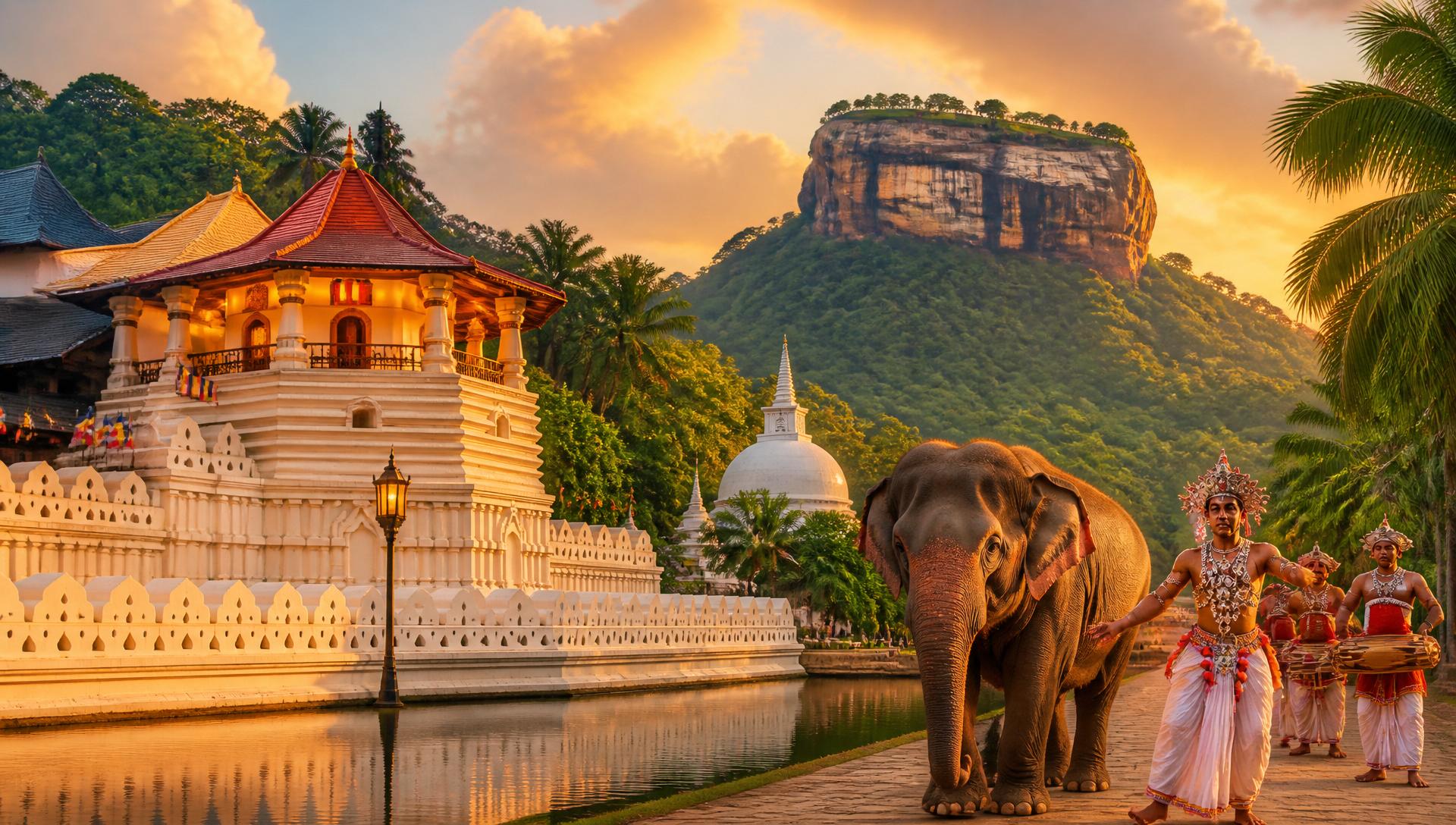 Sri Lankan cultural collage featuring ancient temples, Kandyan dancers, tea plantations, and traditional cuisine